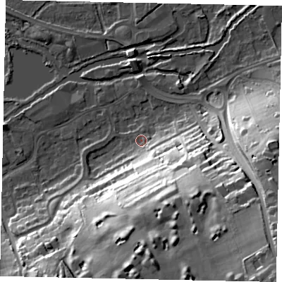 Shaded relief map of the ground around WD31NG, computed from Environment Agency LiDAR. The ground here sits at about 47 m above sea level and falls 51 m across the surrounding 800 m. Surface water reaching this point runs off ground lying to the south-south-east, 30.8 m higher.