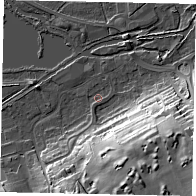 Shaded relief map of the ground around WD31NH, computed from Environment Agency LiDAR. The ground here sits at about 46 m above sea level and falls 43 m across the surrounding 800 m. Surface water reaching this point runs off ground lying to the south-west, 1.6 m higher.