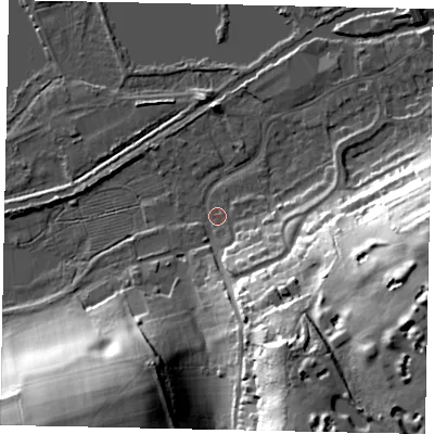 Shaded relief map of the ground around WD31NP, computed from Environment Agency LiDAR. The ground here sits at about 46 m above sea level and falls 37 m across the surrounding 800 m. Surface water reaching this point runs off ground lying to the south-south-east, 30.7 m higher.