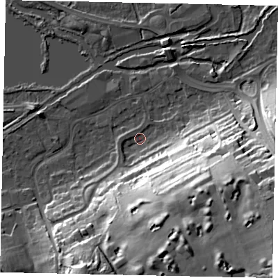 Shaded relief map of the ground around WD31NQ, computed from Environment Agency LiDAR. The ground here sits at about 46 m above sea level and falls 47 m across the surrounding 800 m. Surface water reaching this point runs off ground lying to the south-east, 44.7 m higher.