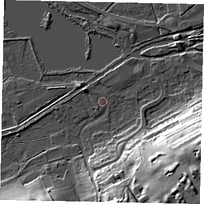 Shaded relief map of the ground around WD31NS, computed from Environment Agency LiDAR. The ground here sits at about 46 m above sea level and falls 38 m across the surrounding 800 m. Surface water reaching this point runs off ground lying to the south-west, 0.9 m higher.