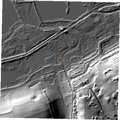 Shaded relief map of the ground around WD31NU, computed from Environment Agency LiDAR. The ground here sits at about 45 m above sea level and falls 35 m across the surrounding 800 m. Surface water reaching this point runs off ground lying to the south-south-east, 30.9 m higher.