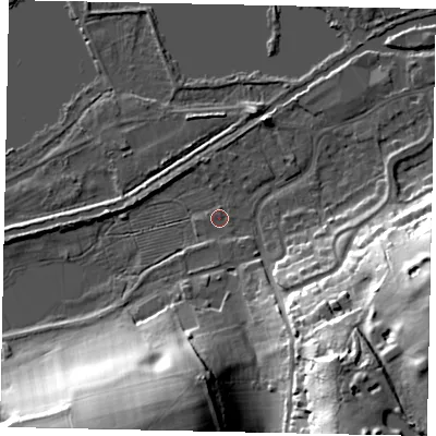 Shaded relief map of the ground around WD31NX, computed from Environment Agency LiDAR. The ground here sits at about 45 m above sea level and falls 32 m across the surrounding 800 m. Surface water reaching this point runs off ground lying to the south-east, 30.9 m higher.