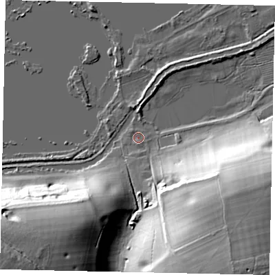 Shaded relief map of the ground around WD31NZ, computed from Environment Agency LiDAR. The ground here sits at about 45 m above sea level and falls 35 m across the surrounding 800 m. Surface water reaching this point runs off ground lying to the south-south-east, 7.3 m higher.
