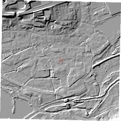 Shaded relief map of the ground around WD31QE, computed from Environment Agency LiDAR. The ground here sits at about 47 m above sea level and falls 22 m across the surrounding 800 m. Surface water reaching this point runs off ground lying to the south-south-west, 1.6 m higher.