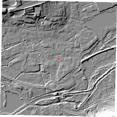 Shaded relief map of the ground around WD31SZ, computed from Environment Agency LiDAR. The ground here sits at about 47 m above sea level and falls 17 m across the surrounding 800 m. Surface water reaching this point runs off ground lying to the north, 6.3 m higher.