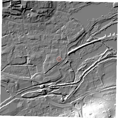 Shaded relief map of the ground around WD31TA, computed from Environment Agency LiDAR. The ground here sits at about 47 m above sea level and falls 25 m across the surrounding 800 m. Surface water reaching this point runs off ground lying to the west-south-west, 1.1 m higher.