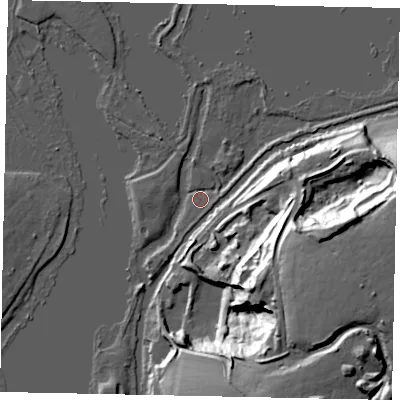 Shaded relief map of the ground around WD32UX, computed from Environment Agency LiDAR. The ground here sits at about 43 m above sea level and falls 44 m across the surrounding 800 m. Surface water reaching this point runs off ground lying to the north-east, 2.4 m higher.