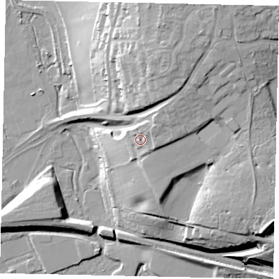 Shaded relief map of the ground around WD33AB, computed from Environment Agency LiDAR. The ground here sits at about 69 m above sea level and falls 31 m across the surrounding 800 m. Surface water reaching this point runs off ground lying to the north-east, 3.4 m higher.