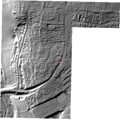 Shaded relief map of the ground around WD33AD, computed from Environment Agency LiDAR. The ground here sits at about 76 m above sea level and falls 36 m across the surrounding 800 m. Surface water reaching this point runs off ground lying to the north, 8.1 m higher.