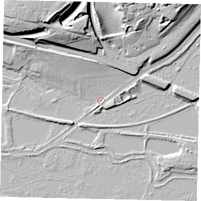 Shaded relief map of the ground around WD33BG, computed from Environment Agency LiDAR. The ground here sits at about 48 m above sea level and falls 27 m across the surrounding 800 m. Surface water reaching this point runs off ground lying to the north-north-west, 7.7 m higher.