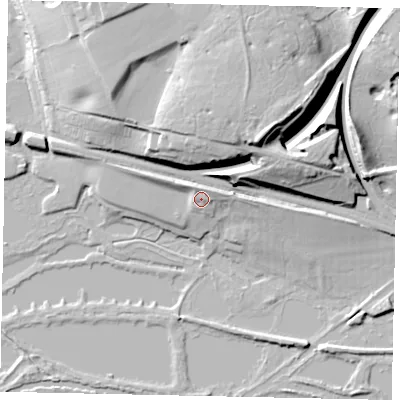 Shaded relief map of the ground around WD33BQ, computed from Environment Agency LiDAR. The ground here sits at about 55 m above sea level and falls 27 m across the surrounding 800 m. Surface water reaching this point runs off ground lying to the north-north-east, 3.9 m higher.