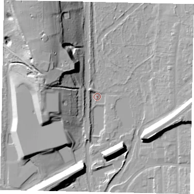 Shaded relief map of the ground around WD33GG, computed from Environment Agency LiDAR. The ground here sits at about 53 m above sea level and falls 27 m across the surrounding 800 m. Surface water reaching this point runs off ground lying to the west-north-west, 24.3 m higher.