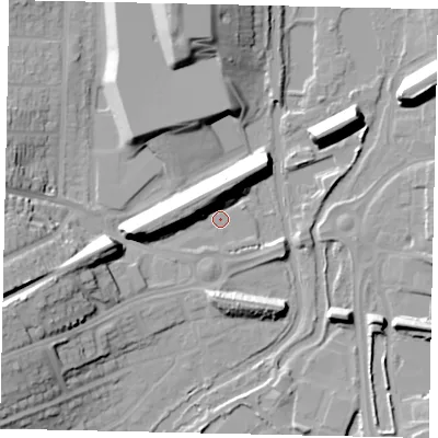 Shaded relief map of the ground around WD33RT, computed from Environment Agency LiDAR. The ground here sits at about 54 m above sea level and falls 19 m across the surrounding 800 m. Surface water reaching this point runs off ground lying to the west-south-west, 16.3 m higher.