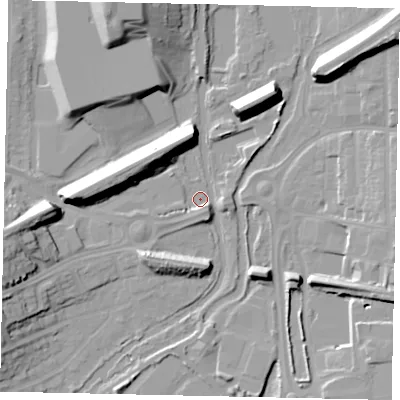 Shaded relief map of the ground around WD33RU, computed from Environment Agency LiDAR. The ground here sits at about 53 m above sea level and falls 18 m across the surrounding 800 m. Surface water reaching this point runs off ground lying to the south-south-east, 3.6 m higher.