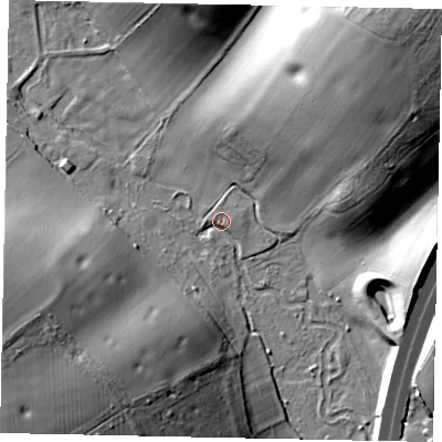 Shaded relief map of the ground around WD35SS, computed from Environment Agency LiDAR. The ground here sits at about 64 m above sea level and falls 49 m across the surrounding 800 m. Surface water reaching this point runs off ground lying to the north-east, 47.4 m higher.