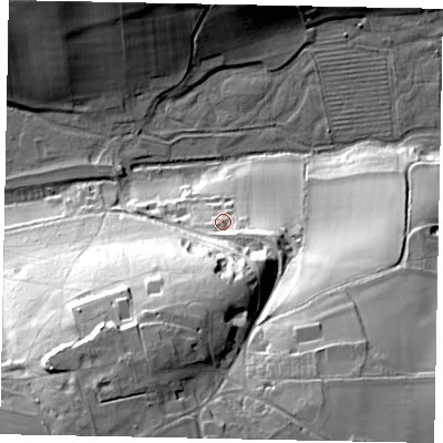 Shaded relief map of the ground around WD36EU, computed from Environment Agency LiDAR. The ground here sits at about 87 m above sea level and falls 53 m across the surrounding 800 m. Surface water reaching this point runs off ground lying to the south-east, 9.7 m higher.