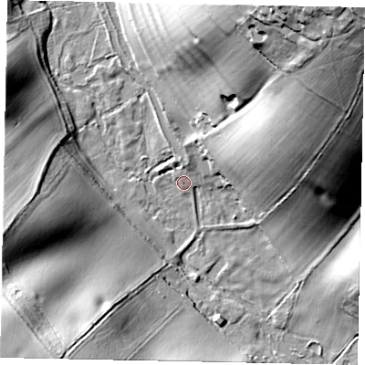 Shaded relief map of the ground around WD36HB, computed from Environment Agency LiDAR. The ground here sits at about 65 m above sea level and falls 52 m across the surrounding 800 m. Surface water reaching this point runs off ground lying to the north, 1.7 m higher.