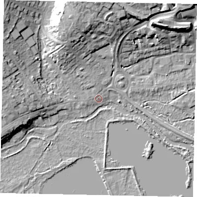 Shaded relief map of the ground around WD37DH, computed from Environment Agency LiDAR. The ground here sits at about 46 m above sea level and falls 18 m across the surrounding 800 m. Surface water reaching this point runs off ground lying to the north-north-west, 1.1 m higher.