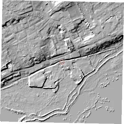 Shaded relief map of the ground around WD38DS, computed from Environment Agency LiDAR. The ground here sits at about 44 m above sea level and falls 13 m across the surrounding 800 m. Surface water reaching this point runs off ground lying to the east-north-east, 4.6 m higher.