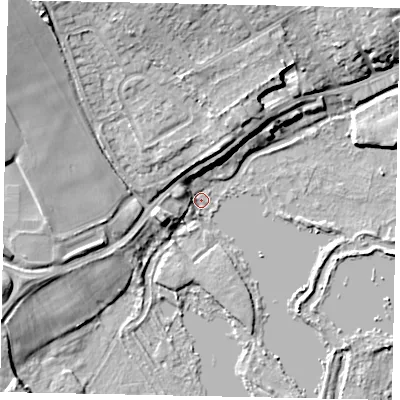 Shaded relief map of the ground around WD38FE, computed from Environment Agency LiDAR. The ground here sits at about 43 m above sea level and falls 13 m across the surrounding 800 m. Surface water reaching this point runs off ground lying to the north-north-west, 5.9 m higher.