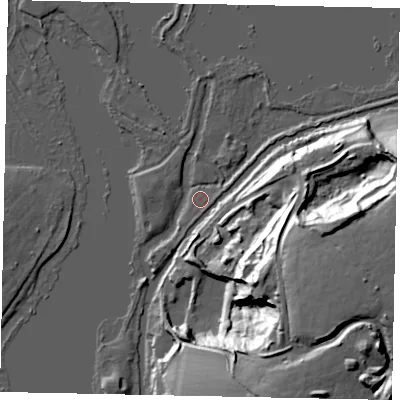 Shaded relief map of the ground around WD38UE, computed from Environment Agency LiDAR. The ground here sits at about 44 m above sea level and falls 44 m across the surrounding 800 m. Surface water reaching this point runs off ground lying to the south-south-west, 1.4 m higher.