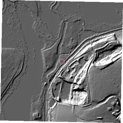 Shaded relief map of the ground around WD38UF, computed from Environment Agency LiDAR. The ground here sits at about 44 m above sea level and falls 44 m across the surrounding 800 m. Surface water reaching this point runs off ground lying to the south, 1.2 m higher.