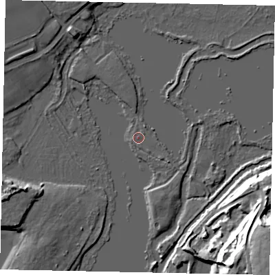 Shaded relief map of the ground around WD38UR, computed from Environment Agency LiDAR. The ground here sits at about 43 m above sea level and falls 38 m across the surrounding 800 m. Surface water reaching this point runs off ground lying to the south-east, 1.8 m higher.