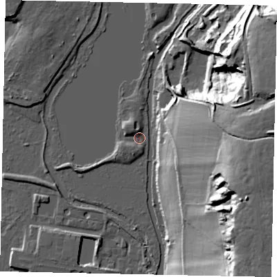 Shaded relief map of the ground around WD38UT, computed from Environment Agency LiDAR. The ground here sits at about 43 m above sea level and falls 41 m across the surrounding 800 m. Surface water reaching this point runs off ground lying to the north-north-west, 3.3 m higher.