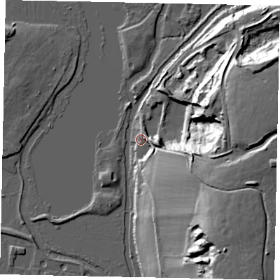 Shaded relief map of the ground around WD38UW, computed from Environment Agency LiDAR. The ground here sits at about 44 m above sea level and falls 41 m across the surrounding 800 m. Surface water reaching this point runs off ground lying to the east-south-east, 22.5 m higher.
