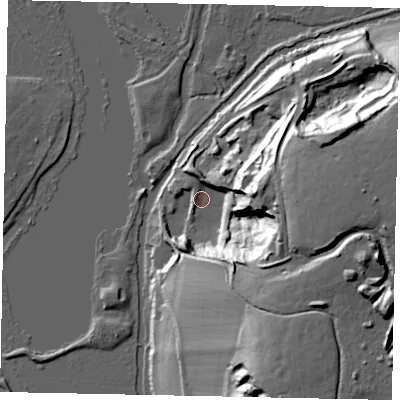 Shaded relief map of the ground around WD38UX, computed from Environment Agency LiDAR. The ground here sits at about 46 m above sea level and falls 44 m across the surrounding 800 m. Surface water reaching this point runs off ground lying to the east-south-east, 38.7 m higher.