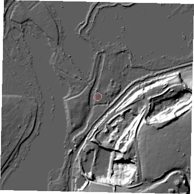 Shaded relief map of the ground around WD38UZ, computed from Environment Agency LiDAR. The ground here sits at about 43 m above sea level and falls 44 m across the surrounding 800 m. Surface water reaching this point runs off ground lying to the west-south-west, 2.7 m higher.