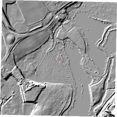 Shaded relief map of the ground around WD38XD, computed from Environment Agency LiDAR. The ground here sits at about 43 m above sea level and falls 11 m across the surrounding 800 m. Surface water reaching this point runs off ground lying to the north-north-west, 1.0 m higher.
