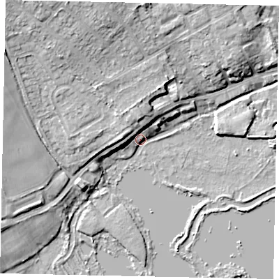 Shaded relief map of the ground around WD38YY, computed from Environment Agency LiDAR. The ground here sits at about 45 m above sea level and falls 13 m across the surrounding 800 m. Surface water reaching this point runs off ground lying to the north-north-west, 12.1 m higher.