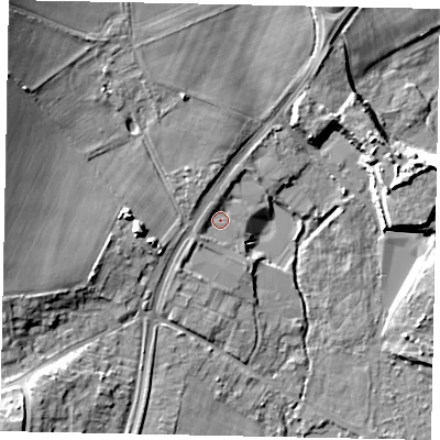 Shaded relief map of the ground around WD39AD, computed from Environment Agency LiDAR. The ground here sits at about 45 m above sea level and falls 15 m across the surrounding 800 m. Surface water reaching this point runs off ground lying to the north-north-west, 1.8 m higher.