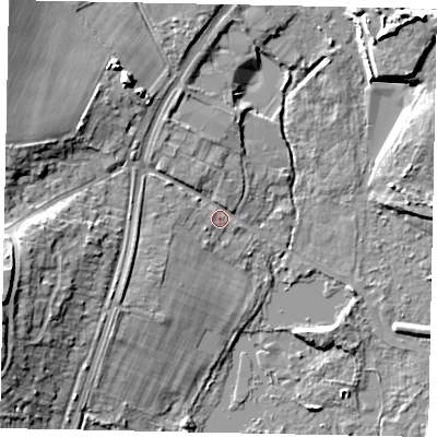 Shaded relief map of the ground around WD39SN, computed from Environment Agency LiDAR. The ground here sits at about 44 m above sea level and falls 12 m across the surrounding 800 m. Surface water reaching this point runs off ground lying to the west-south-west, 10.2 m higher.