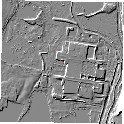 Shaded relief map of the ground around WD39SQ, computed from Environment Agency LiDAR. The ground here sits at about 42 m above sea level and falls 12 m across the surrounding 800 m. Surface water reaching this point runs off ground lying to the south-east, 4.5 m higher.