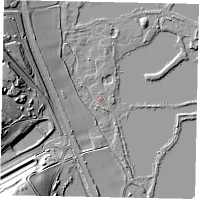 Shaded relief map of the ground around WD39WZ, computed from Environment Agency LiDAR. The ground here sits at about 41 m above sea level and falls 27 m across the surrounding 800 m. Surface water reaching this point runs off ground lying to the north-west, 16.0 m higher.