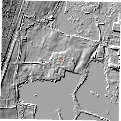 Shaded relief map of the ground around WD39XJ, computed from Environment Agency LiDAR. The ground here sits at about 42 m above sea level and falls 11 m across the surrounding 800 m. Surface water reaching this point runs off ground lying to the east, 0.5 m higher.