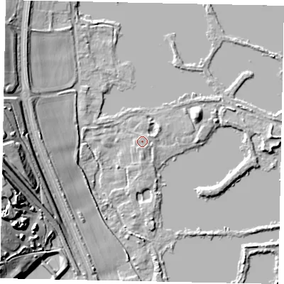 Shaded relief map of the ground around WD39XR, computed from Environment Agency LiDAR. The ground here sits at about 41 m above sea level and falls 22 m across the surrounding 800 m. Surface water reaching this point runs off ground lying to the north-east, 2.2 m higher.