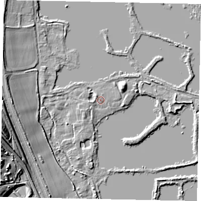 Shaded relief map of the ground around WD39XS, computed from Environment Agency LiDAR. The ground here sits at about 41 m above sea level and falls 17 m across the surrounding 800 m. Surface water reaching this point runs off ground lying to the north-west, 2.1 m higher.