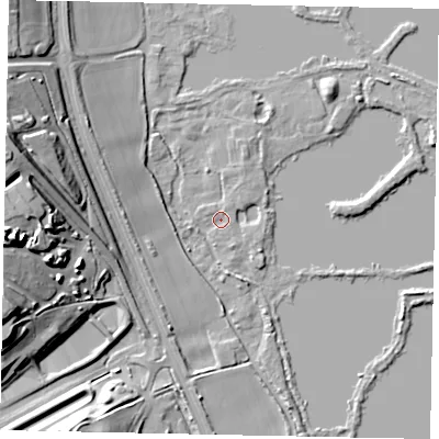 Shaded relief map of the ground around WD39XT, computed from Environment Agency LiDAR. The ground here sits at about 40 m above sea level and falls 28 m across the surrounding 800 m. Surface water reaching this point runs off ground lying to the north-west, 16.0 m higher.