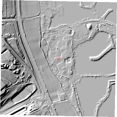 Shaded relief map of the ground around WD39XU, computed from Environment Agency LiDAR. The ground here sits at about 41 m above sea level and falls 28 m across the surrounding 800 m. Surface water reaching this point runs off ground lying to the north-east, 1.5 m higher.