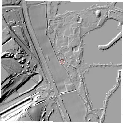 Shaded relief map of the ground around WD39XX, computed from Environment Agency LiDAR. The ground here sits at about 41 m above sea level and falls 31 m across the surrounding 800 m. Surface water reaching this point runs off ground lying to the north-west, 5.6 m higher.