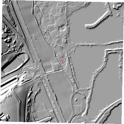 Shaded relief map of the ground around WD39XY, computed from Environment Agency LiDAR. The ground here sits at about 40 m above sea level and falls 32 m across the surrounding 800 m. Surface water reaching this point runs off ground lying to the north-west, 7.3 m higher.