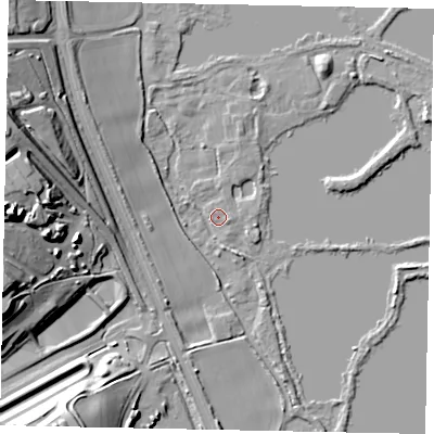 Shaded relief map of the ground around WD39XZ, computed from Environment Agency LiDAR. The ground here sits at about 40 m above sea level and falls 28 m across the surrounding 800 m. Surface water reaching this point runs off ground lying to the north-west, 16.0 m higher.