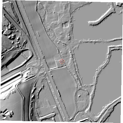 Shaded relief map of the ground around WD39YA, computed from Environment Agency LiDAR. The ground here sits at about 41 m above sea level and falls 32 m across the surrounding 800 m. Surface water reaching this point runs off ground lying to the north-west, 7.3 m higher.