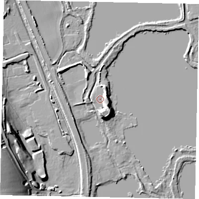 Shaded relief map of the ground around WD39YB, computed from Environment Agency LiDAR. The ground here sits at about 40 m above sea level and falls 30 m across the surrounding 800 m. Surface water reaching this point runs off ground lying to the east-south-east, 5.5 m higher.