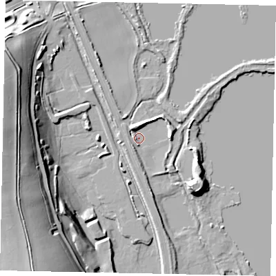 Shaded relief map of the ground around WD39YD, computed from Environment Agency LiDAR. The ground here sits at about 40 m above sea level and falls 30 m across the surrounding 800 m. Surface water reaching this point runs off ground lying to the north-north-west, 4.9 m higher.