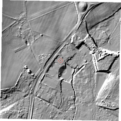 Shaded relief map of the ground around WD39YS, computed from Environment Agency LiDAR. The ground here sits at about 45 m above sea level and falls 12 m across the surrounding 800 m. Surface water reaching this point runs off ground lying to the west, 1.8 m higher.